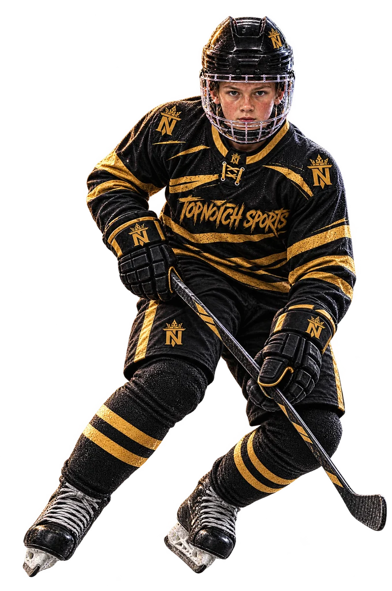 Youth hockey player in a black and gold Top Notch Sports jersey stopping hard and spraying ice Youth hockey player in a black and gold Top Notch Sports jersey stopping hard and spraying ice